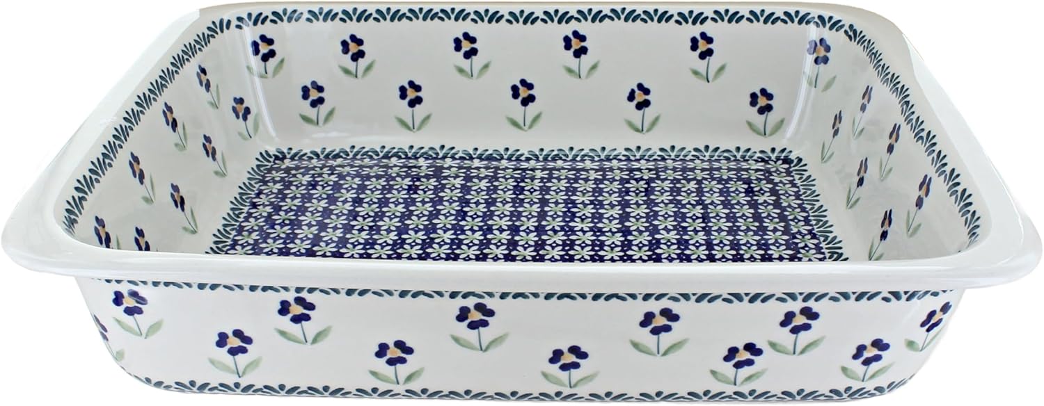 Blue Rose Polish Pottery - Blue Daisy Large Rectangular Baker - 14" x 11.25" - Unique, Dishwasher Safe, & Durable Bakeware