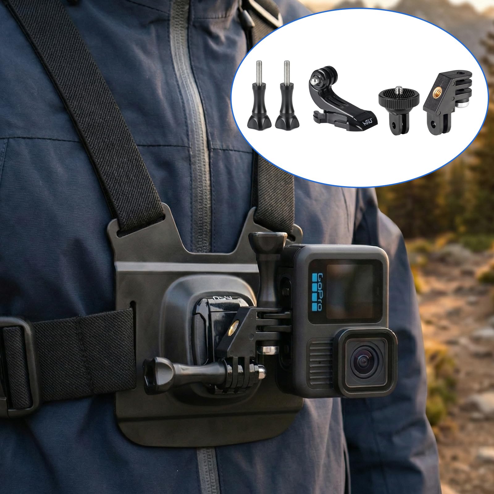 HSU Soporte de pecho ajustable correa de pecho para cámaras de acción, con cierre rápido J-Hook Clip y soporte vertical adaptador de cámara, grabación POV Set de accesorios para senderismo, esquí y
