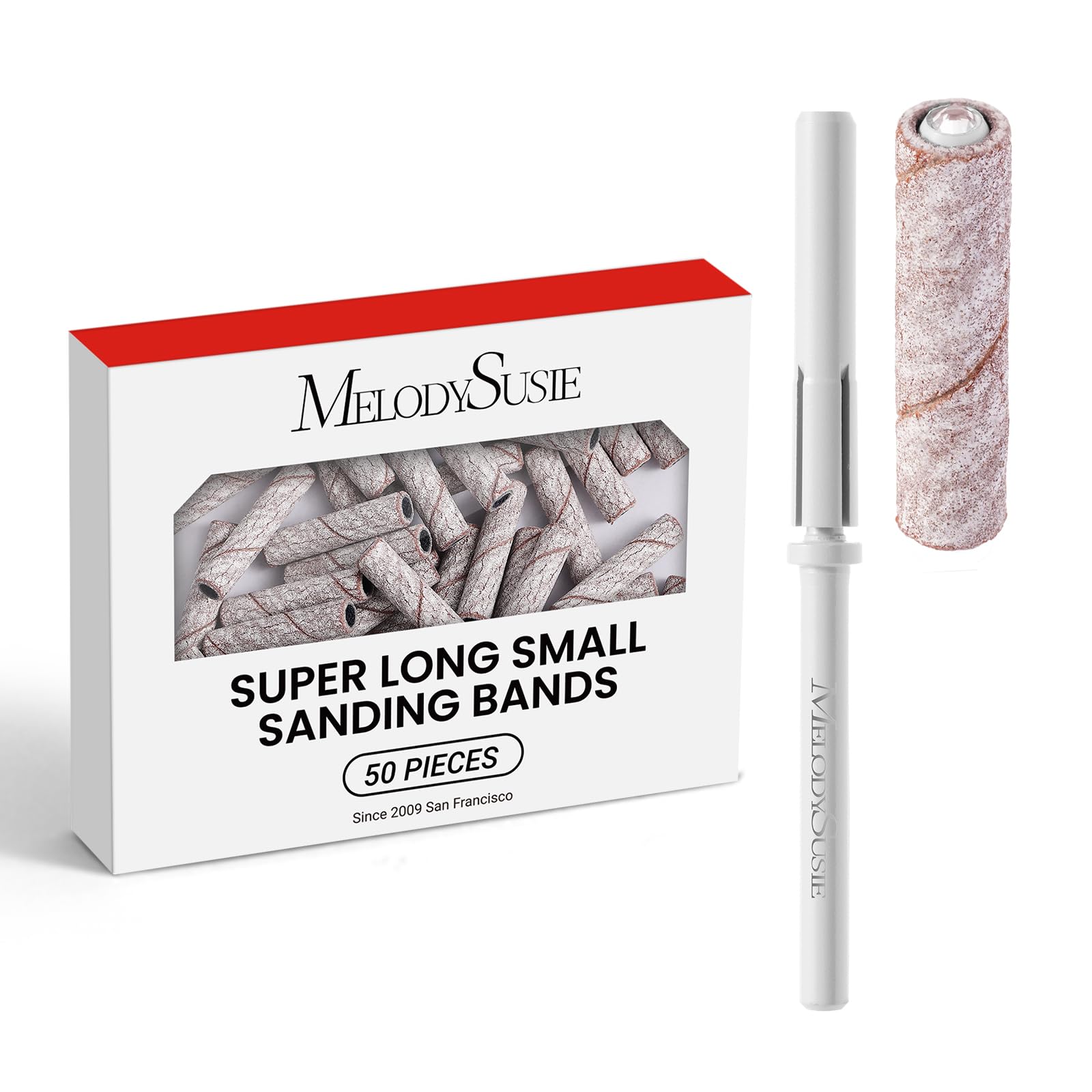 MelodySusie 50 Pcs Nail Drill Bits Super Long Small Sanding Bands with 3.1mm Crystal Mandrel Bit, 240 Extreme Fine Grit Nail File for Acrylic Nails