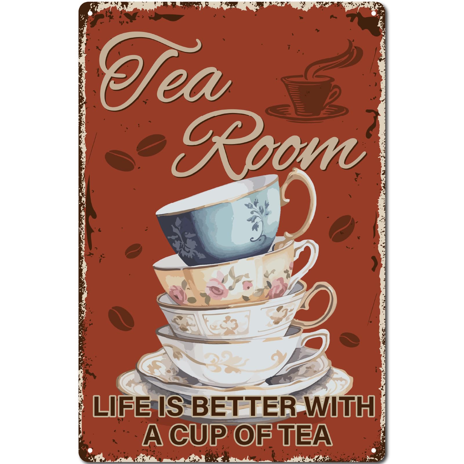CREATCABIN Letrero Chapa Salón Té Cartel Metal Retro Tazas Té Vintage Placas Arte Galería Carteles Pared Colgar En el Hogar Decoración Al Aire Libre Salón Té Cocina Jardín 30x20 cm Vida Es Mejor Una