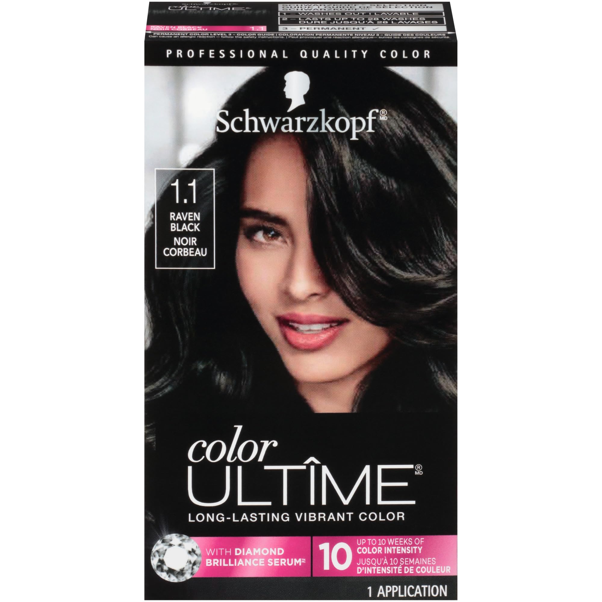 Schwarzkopf Color Ultime 1.1 Raven Black Hair Dye, Permanent Intense Black with Diamond Brilliance, Fade-Resistant, Covers Grays, All Hair Textures
