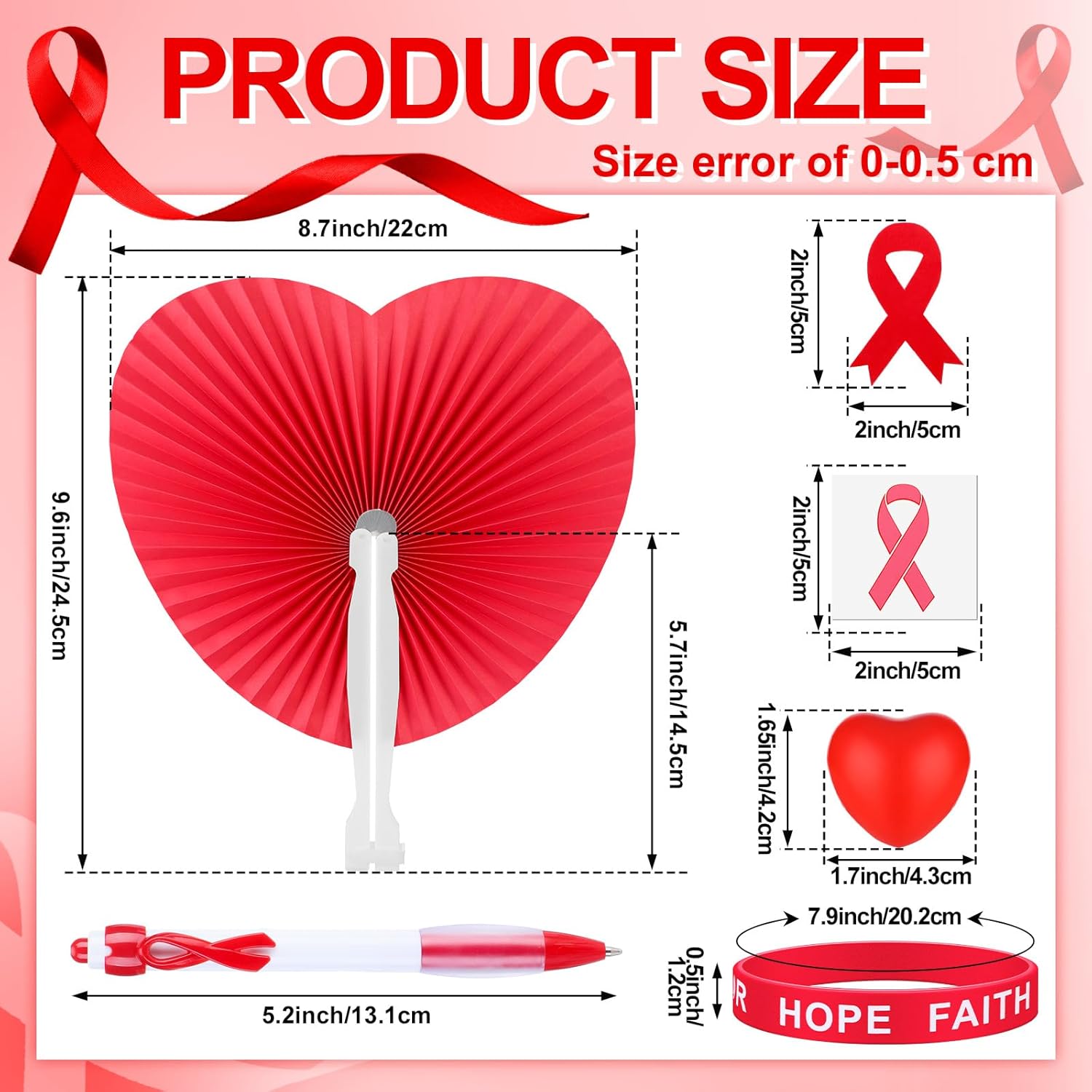 150 Pcs Red Heart Health Awareness Items Bulk Red Ribbon Awareness Stickers Stress Football Folding Fan Tattoo Sticker Silicone Bracelet for Heart Health Month Charity Events Gifts Supplies - Image 2