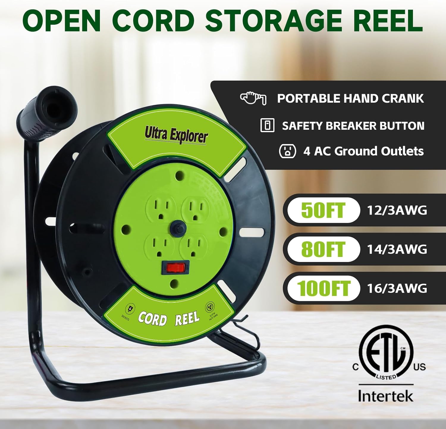 Extension Cord Storage Reel with 4-Grounded Outlets, Heavy Duty Open Cord Reel for 12/3 14/3 16/3 Power Cords, Portable Empty Hand Crank Electric Cord Roller Holder, Green