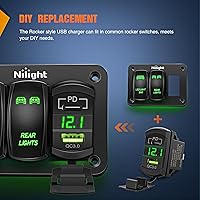 Vista 4 de Nilight Interruptor de palanca con salida USB, voltímetro LED, conector rápido 12V PD tipo C y USB QC 3.0 para automóviles, reemplazo con fusible