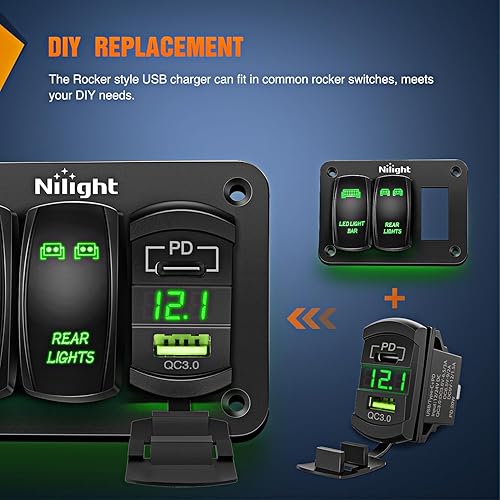 Miniatura 4 de Nilight Interruptor basculante, salida USB, voltímetro LED, conector rápido, 12 V, PD tipo C y USB QC 3.0, reemplazo de automóviles con fusible en