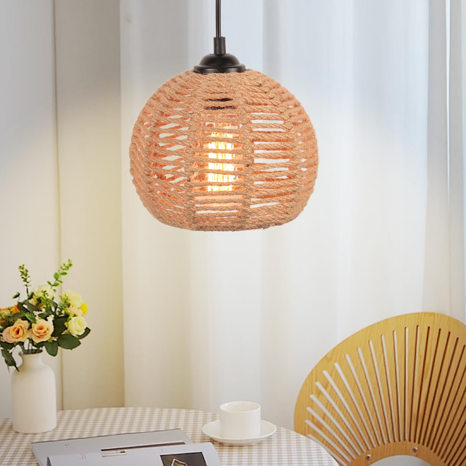 2 Piezas Lámpara Colgante Vintage Ratán E27 Retro Lámpara de Suspensión Ratán Araña Ø20cm Jaula de Metal y Cuerda de Cáñamo Lámpara de Techo para Salón Dormitorio Cocina