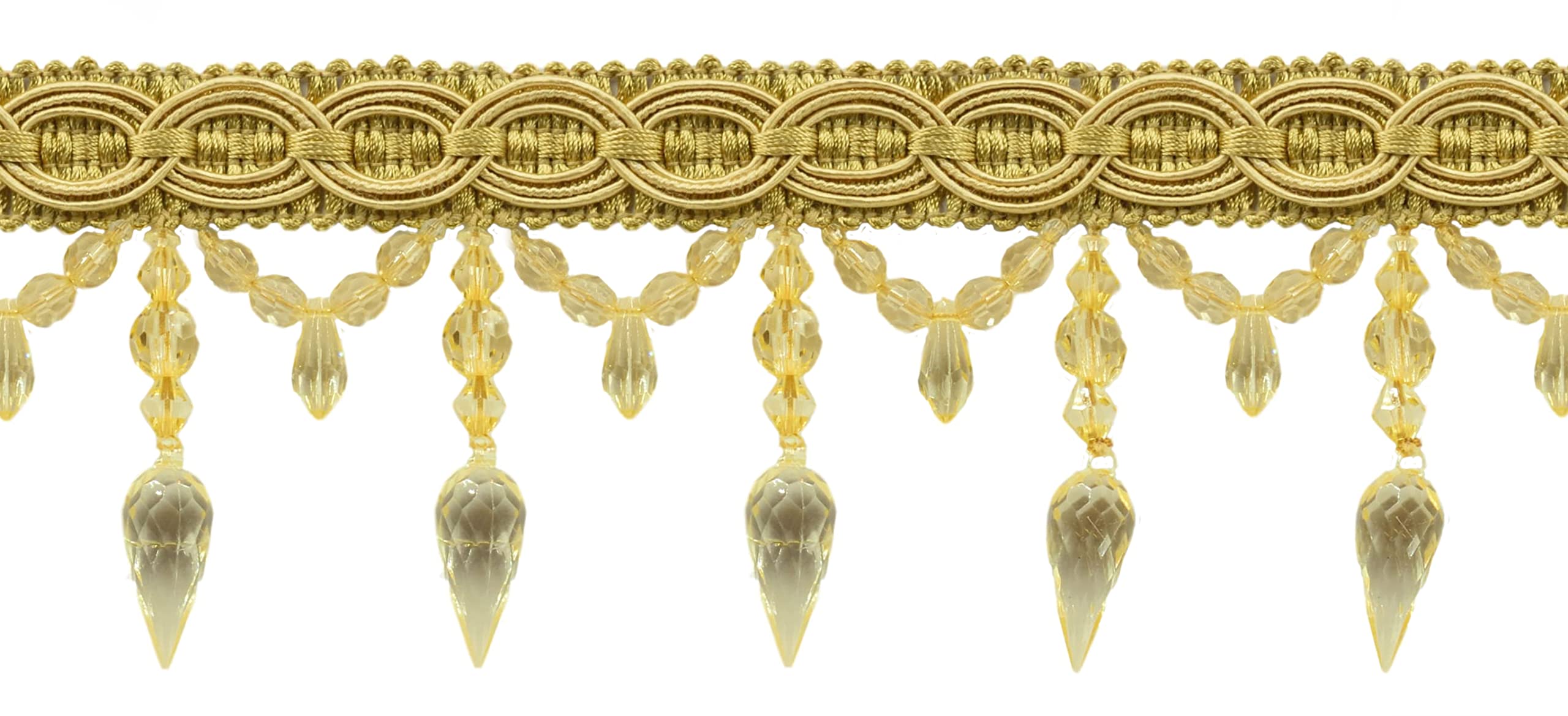 DÉCOPRO 3 3/4" (9.5cm) Decorative Beaded Fringe Trim with Fancy Gimp Header Large Teardrop Bead Design (Style# BF334) Antique Gold #C4 (Dark Yellow Gold) 3 Yard Value Pack (2.5m/9 ft)