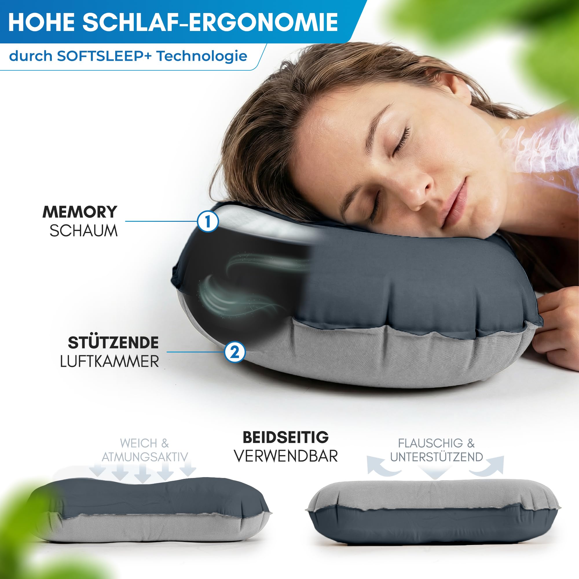 NORDMUT® Campingkissen aufblasbar [SoftSleep+] Komfortables Kissen Ultraleicht mit kleinem Packmaß – Reisekissen aufblasbar inkl. waschbarem Kissenbezug (Schwarz)