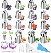 Icing Bags with Nozzles, 32 Pieces Russian Piping Nozzles Set, Large Stainless Steel, Silicone Piping Bag, Reusable, 3-Colour in 1 Adapter Accessories, for Cake Decoration