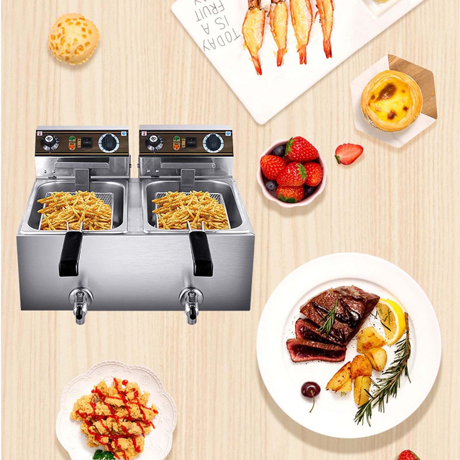 Freidora De Alta Resistencia, Freidoras Eléctricas Profesionales De Acero Inoxidable De Doble Tanque con Temporizador Y Control De Temperatura para El Hogar, Cocina, Res,34L