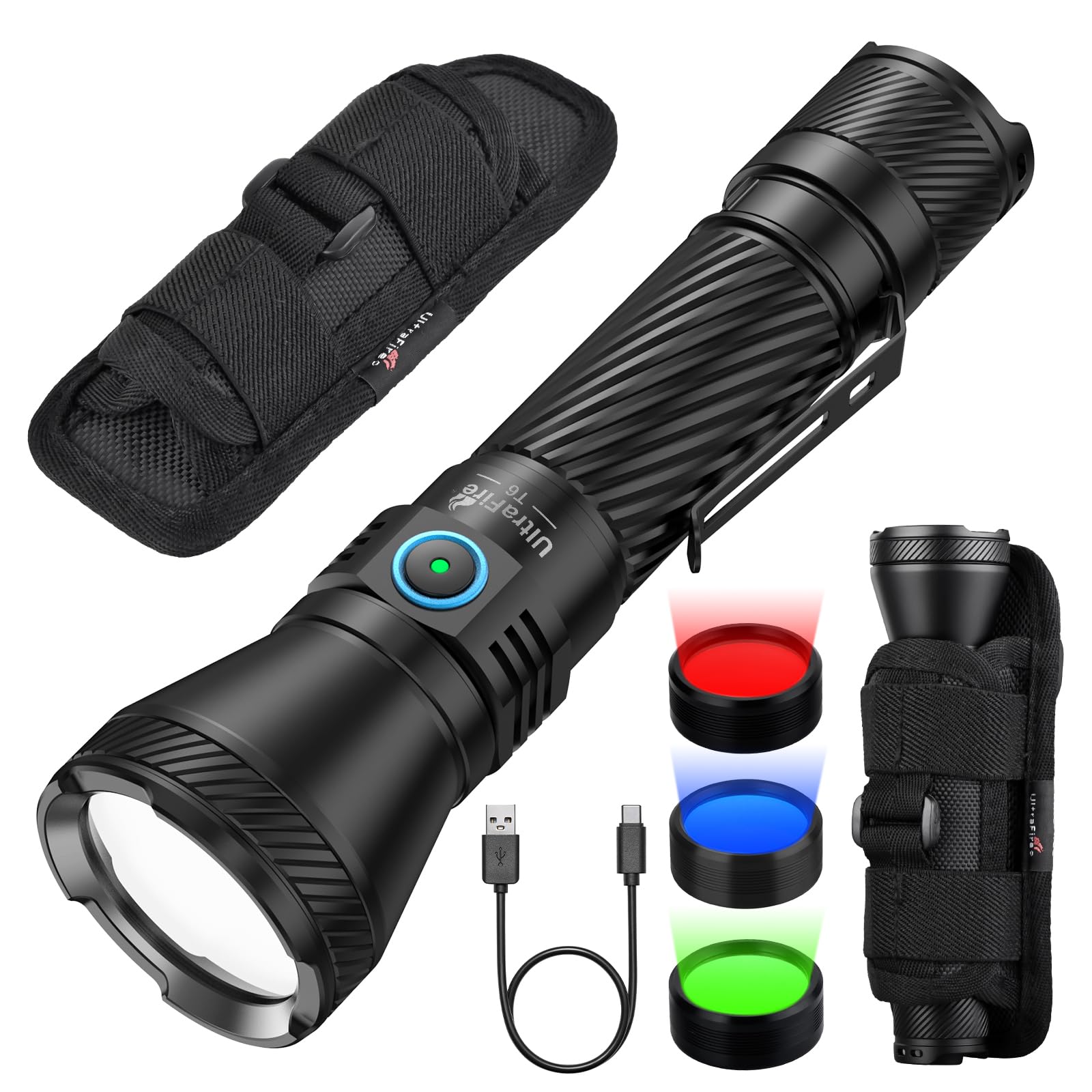 UltraFire Lampe de poche tactique de police avec étui - 1800 lumens - Rechargeable - LED - Pour la chasse - 3 lentilles filtrantes - Rouge/vert/bleu - 1804 FT Throw - 4 modes - Double interrupteur