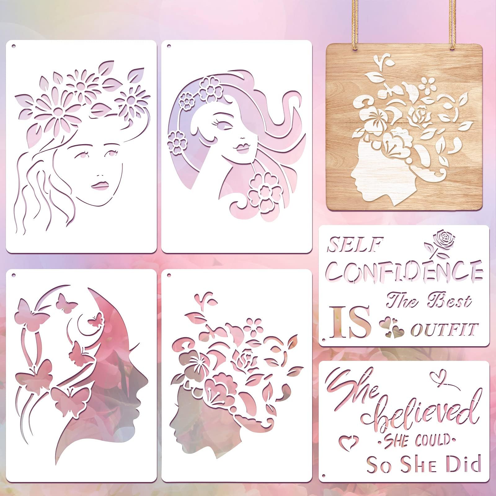 6 Pieces Women Stencil, Women Face Stencil Wall Stencil Woman Reusable Stencils Floral Female Face and Inspirational Stencil for Painting on Furniture Wood Craft DIY, 8.3 x 11.7 Inch