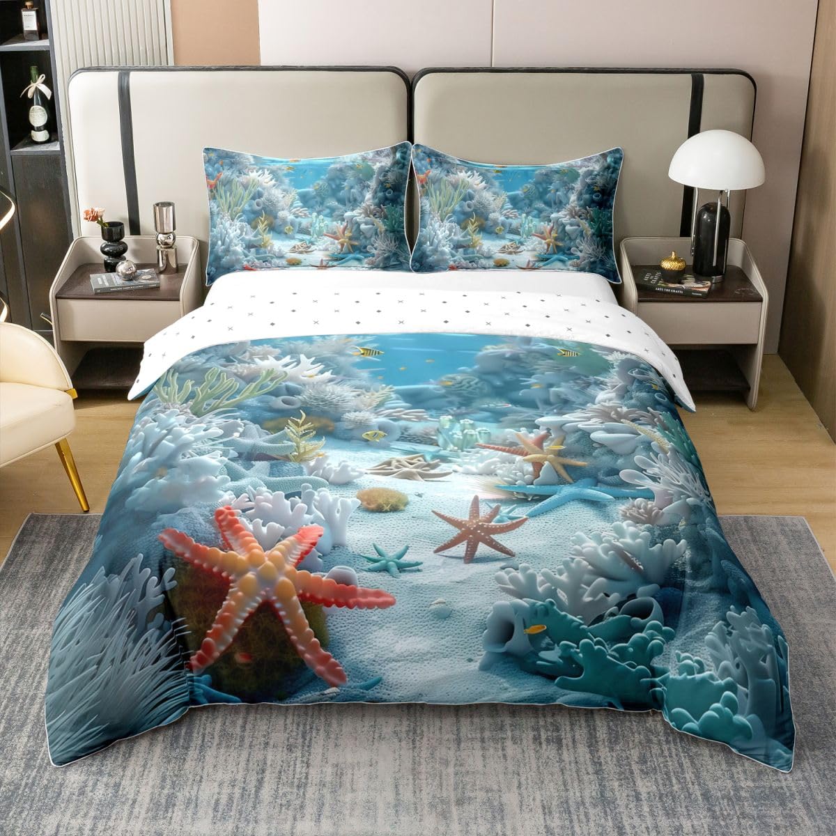 Homewish Coral Sealife Bettbezug 135x200 Baumwolle Meerestierdruck Bettwäsche Blau Ozeanfisch für Kinder Jungen Mädchen Bedding Unterwasser Meeresleben Bettwäsche Set Weich 2 teilig