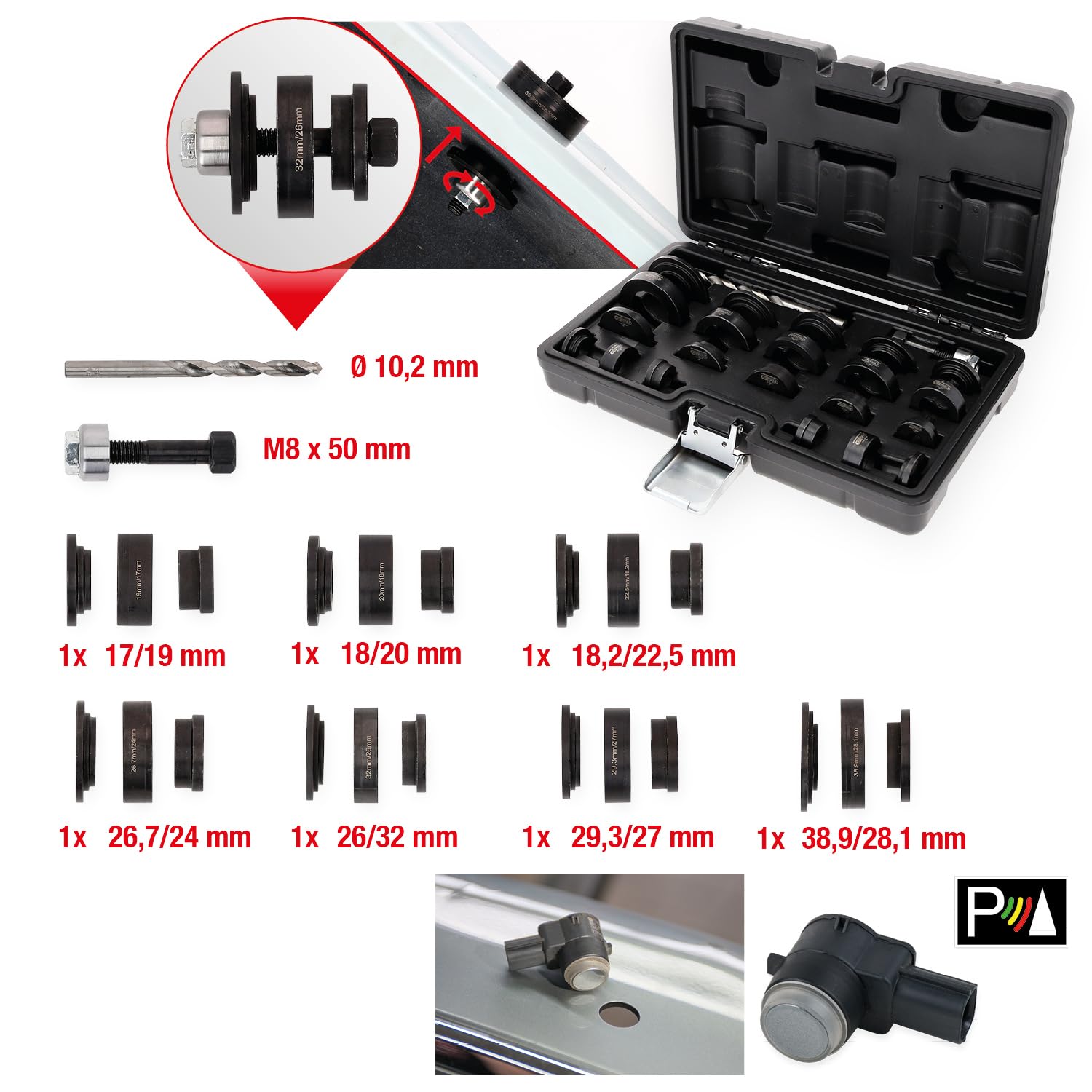 KS TOOLS 140.2650 Serie di punzoni per lamiere Sensore-Assistenza parcheggio