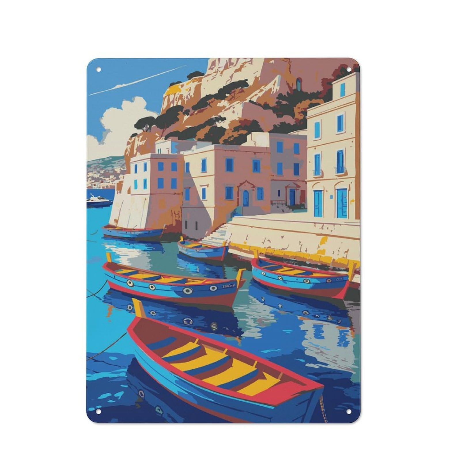 Junmoney Style Vintage Coastal Village With Boats Illustration Metal Plaque 40X30cm, Diner Decor For Bakery, Diner, Cafe Or Family Room