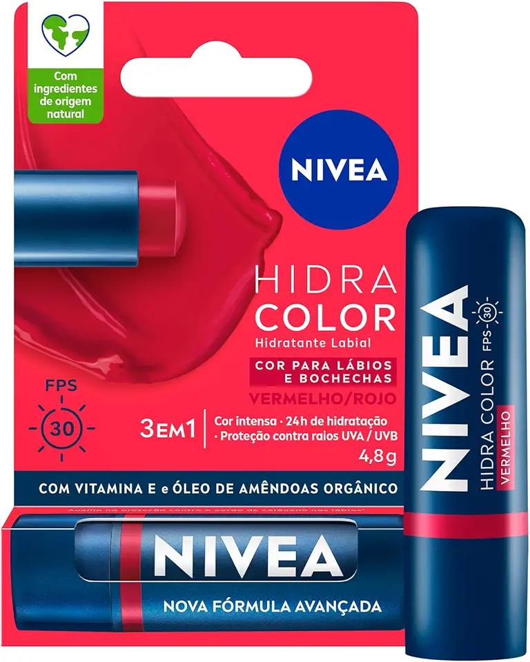 NIVEA Hidratante Labial Hidra Color 2 em 1 Vermelho 4,8g - Combina cor intensa e hidratação enriquecida com Manteiga de Karité, Óleo de Amêndoas orgânico e Vitamina E