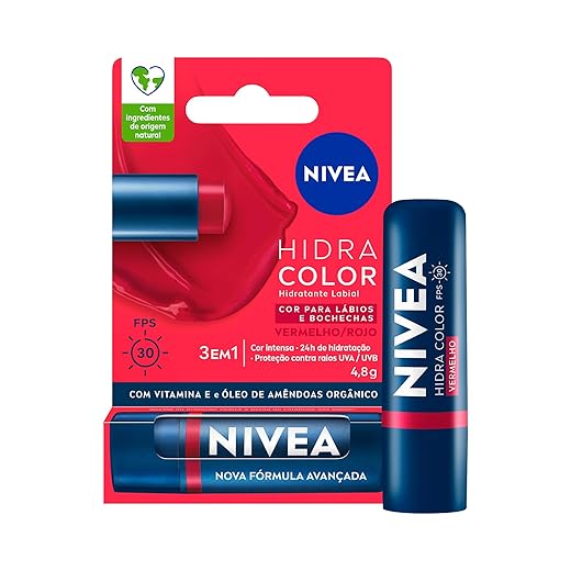 NIVEA Hidratante Labial Hidra Color 2 em 1 Vermelho 4,8g - Combina cor intensa e hidratação enriquecida com Manteiga de Karité, Óleo de Amêndoas orgânico e Vitamina E