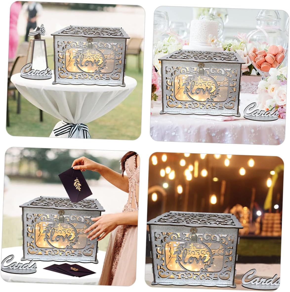 Wooden Hollow Card Box with Glitter, Greeting Card Container for Wedding, Anniversary, and Birthday, Large Wood Storage Box for Event Party Decoration