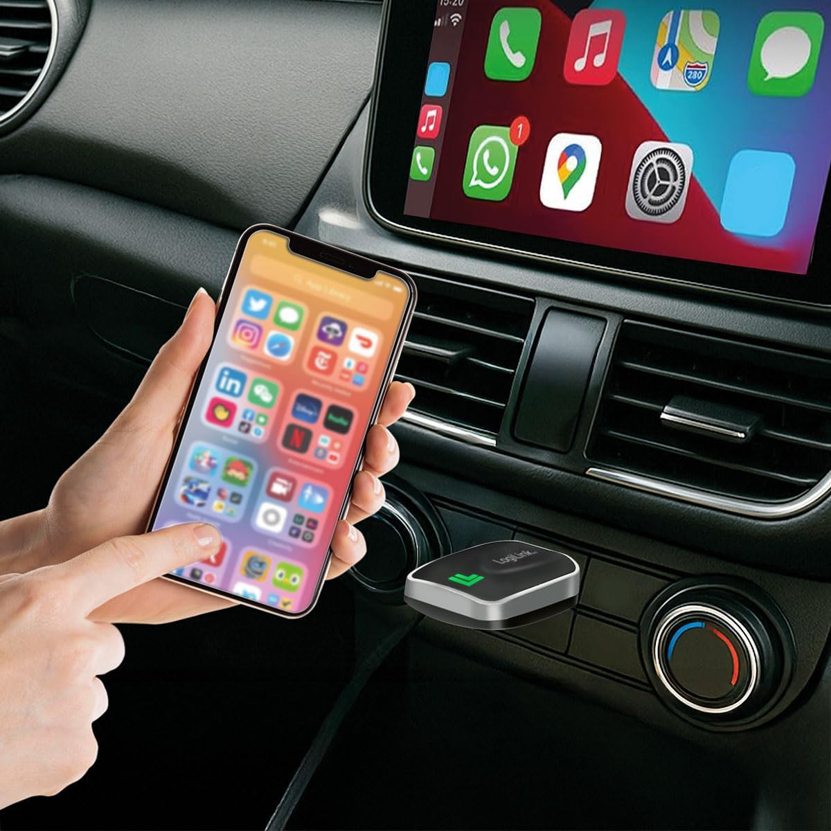 Smartphone displaying apps, connected wirelessly to a car's infotainment system via the LogiLink BT0076 adapter