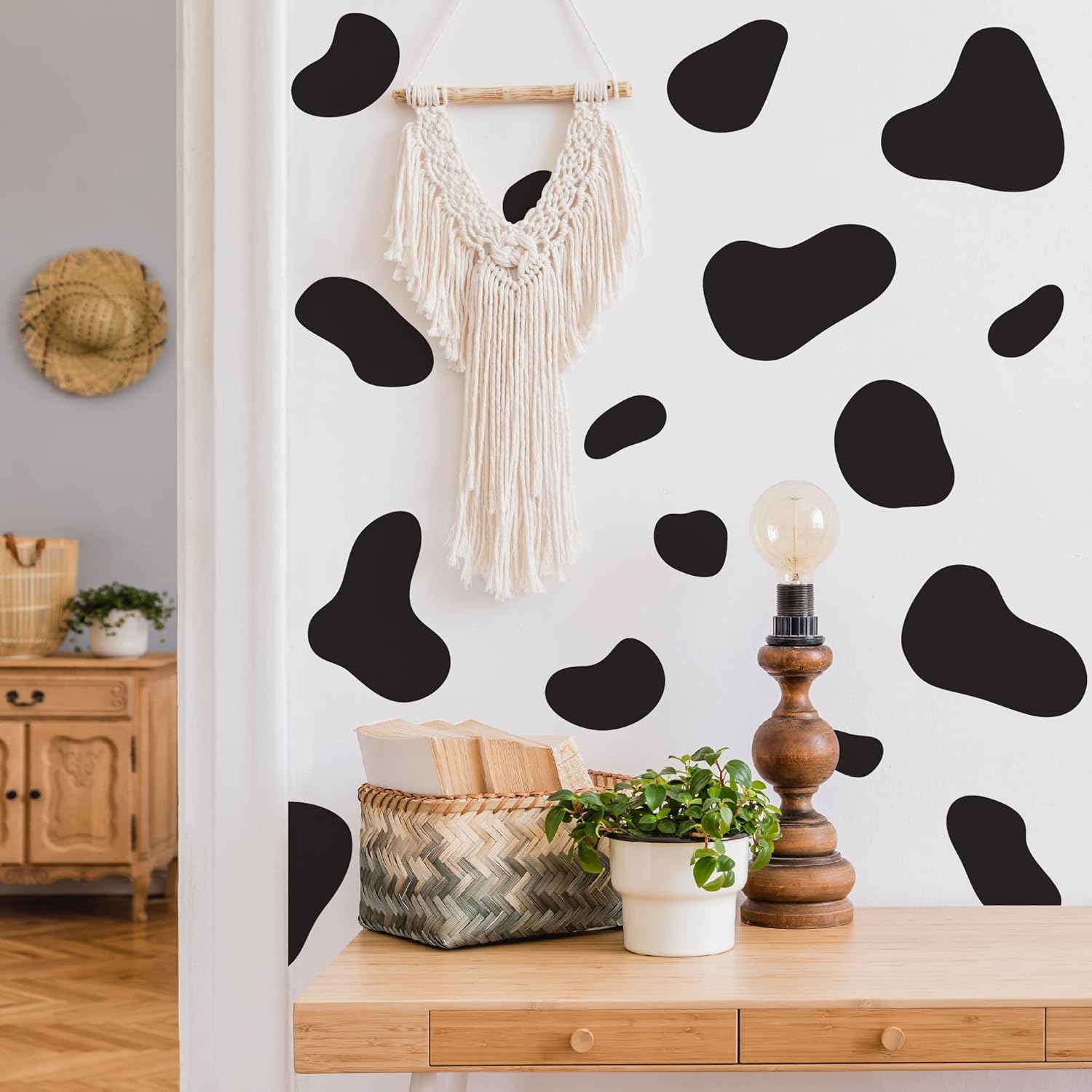 Large Black Vinyl Cow Print Wall Decals, Peel and Stick Modern Cow Spot Wall Stickers for Bathroom Bedroom Living Room Home Wall Decor