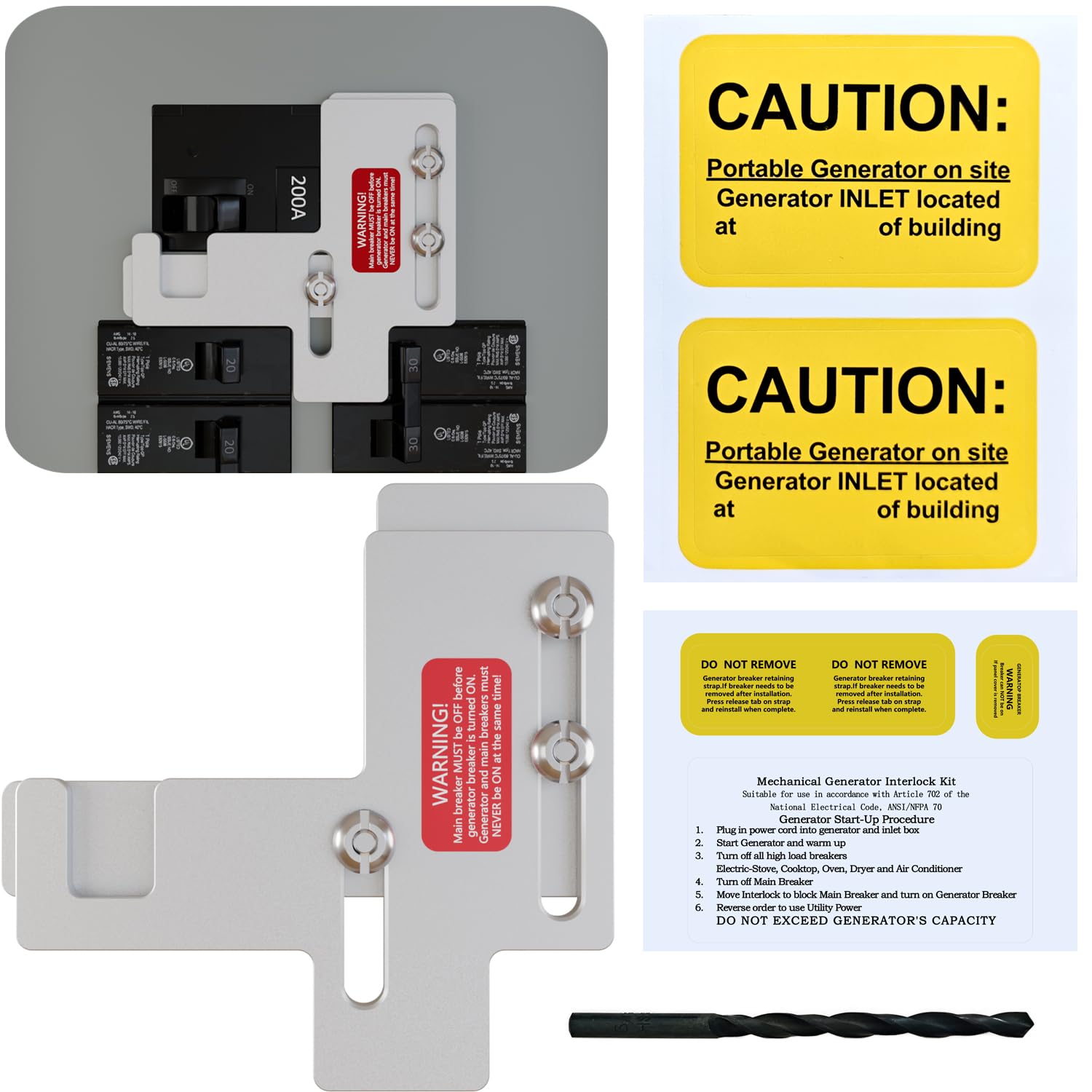 Generator Interlock Kits are Compatible with Siemens or Murray 150 or 200 amp Panels. The spacing Between Main and Branch Breakers is 7/8-1 1/4"，