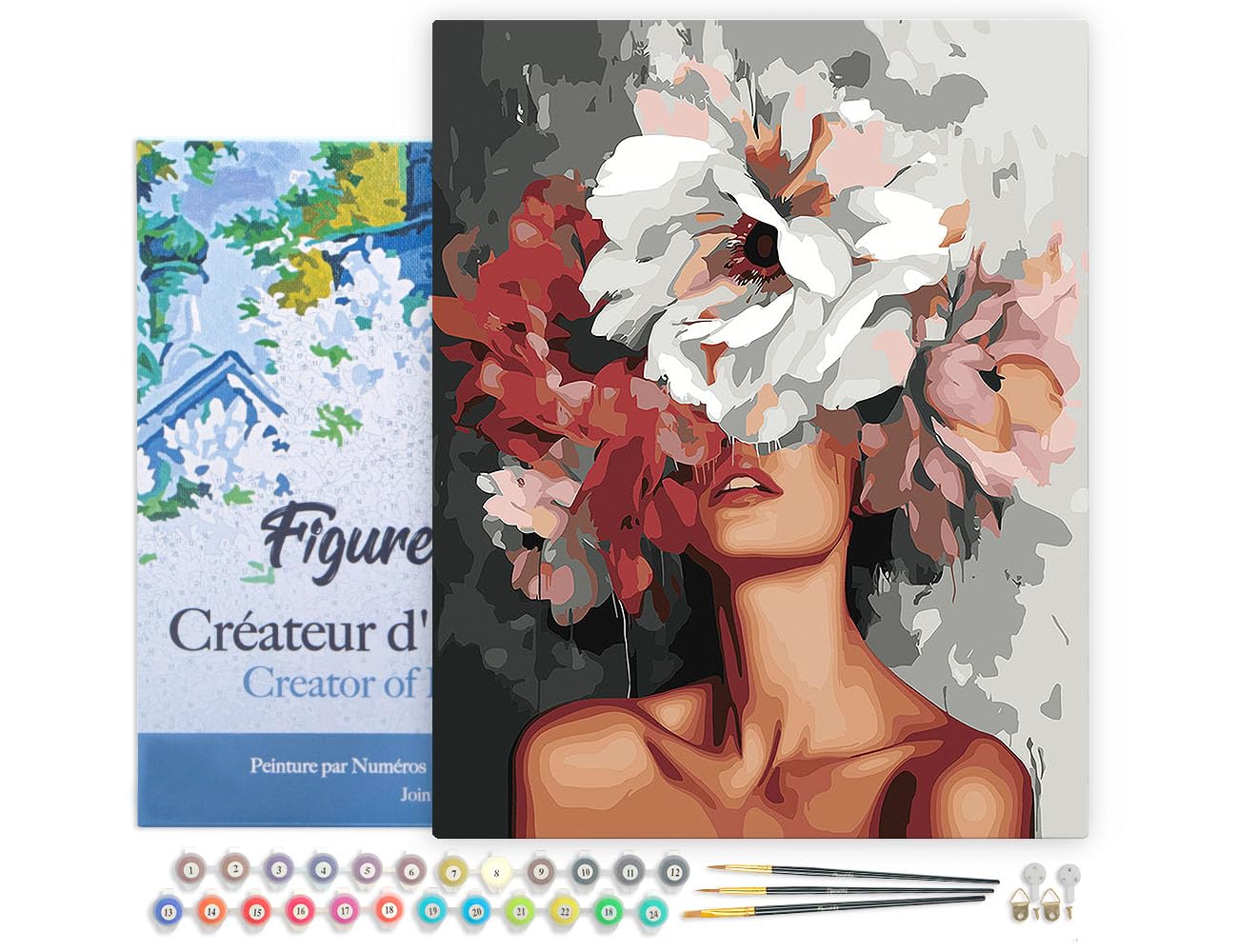 Figured'Art Paint by Numbers for Adults with Frame Beauty Behind Flowers 40x50cm - Craft Art Painting DIY Kit Canvas Already Stretched on a Wooden Frame