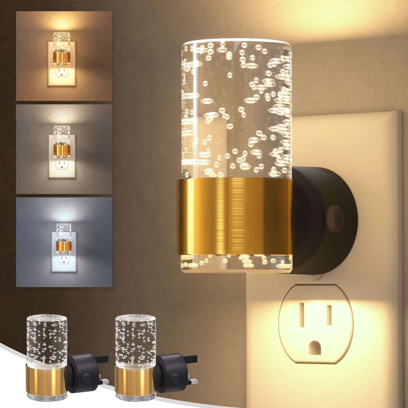 NIORSUN Night Light Plug into Wall, Dimmable Nights Lights with 3 CCT & 5 Brightness Levels, Slim Acrylic Plug in Night Light, Auto Dusk to Dawn Sensor for Stairs, Hallway, Bathroom, Gold,2 Pack