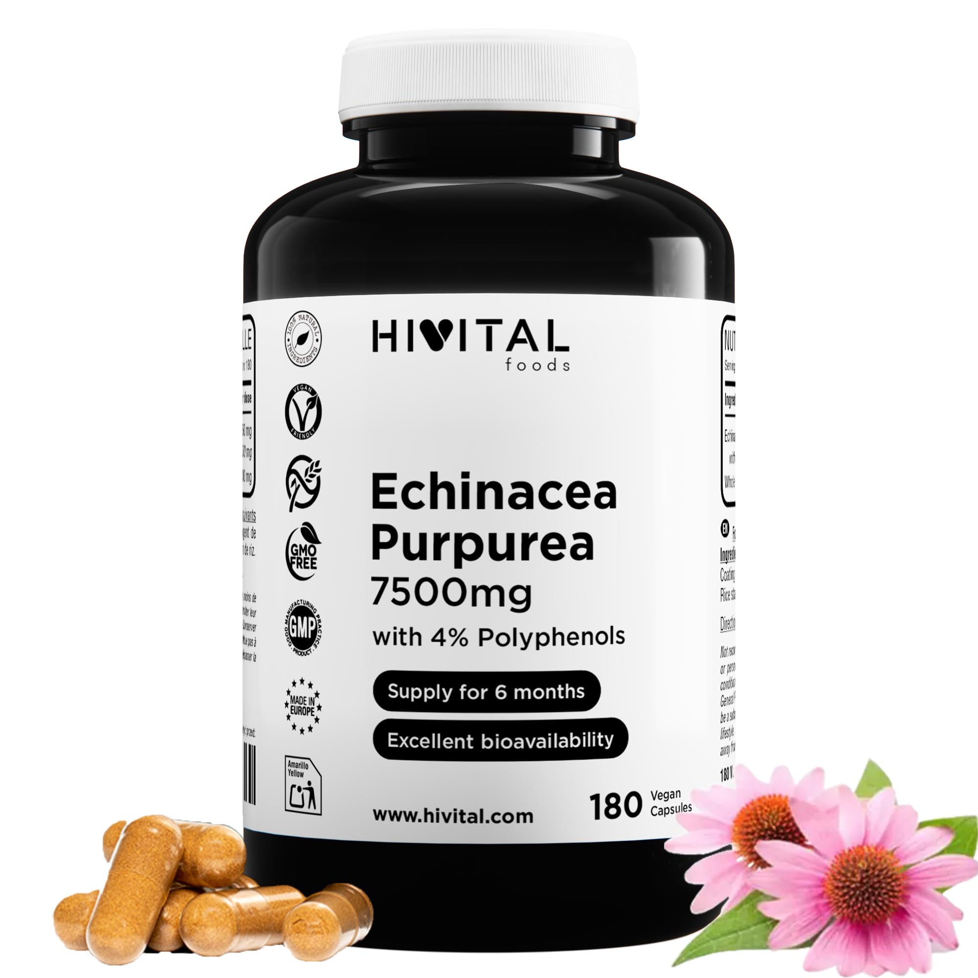 Echinacea Purpurea 7500 mg. 180 capsules vegan pour 6 mois de traitement. Extrait naturel de racine d'Echinacea Purpurea avec 4% de Polyphénols. Fabriqué en Europe par HIVITAL