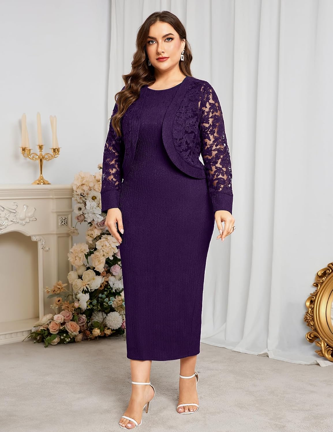 ZOMVA 1X-4X Plus Size Mother of The Bride Groom Dresses with Jacket Elegant Lace Maxi Dress 2 Piece Set Formal Wedding Guest - Image 5