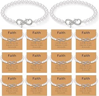 12 Set Faith Faux Pearl Bracelets for Women with Card Infinity 6mm Christian White Pearl Bracelets Faith Jewelry Bulk for Religious Christian Gifts Mom Bridal Birthday Church Baptism Party Favor