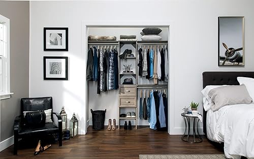 Miniatura 10 de ClosetMaid SuiteSymphony - Kit organizador de armario de madera con torre 3 varillas para colgar estantes superiores 2 cajones ajustable se adapta a