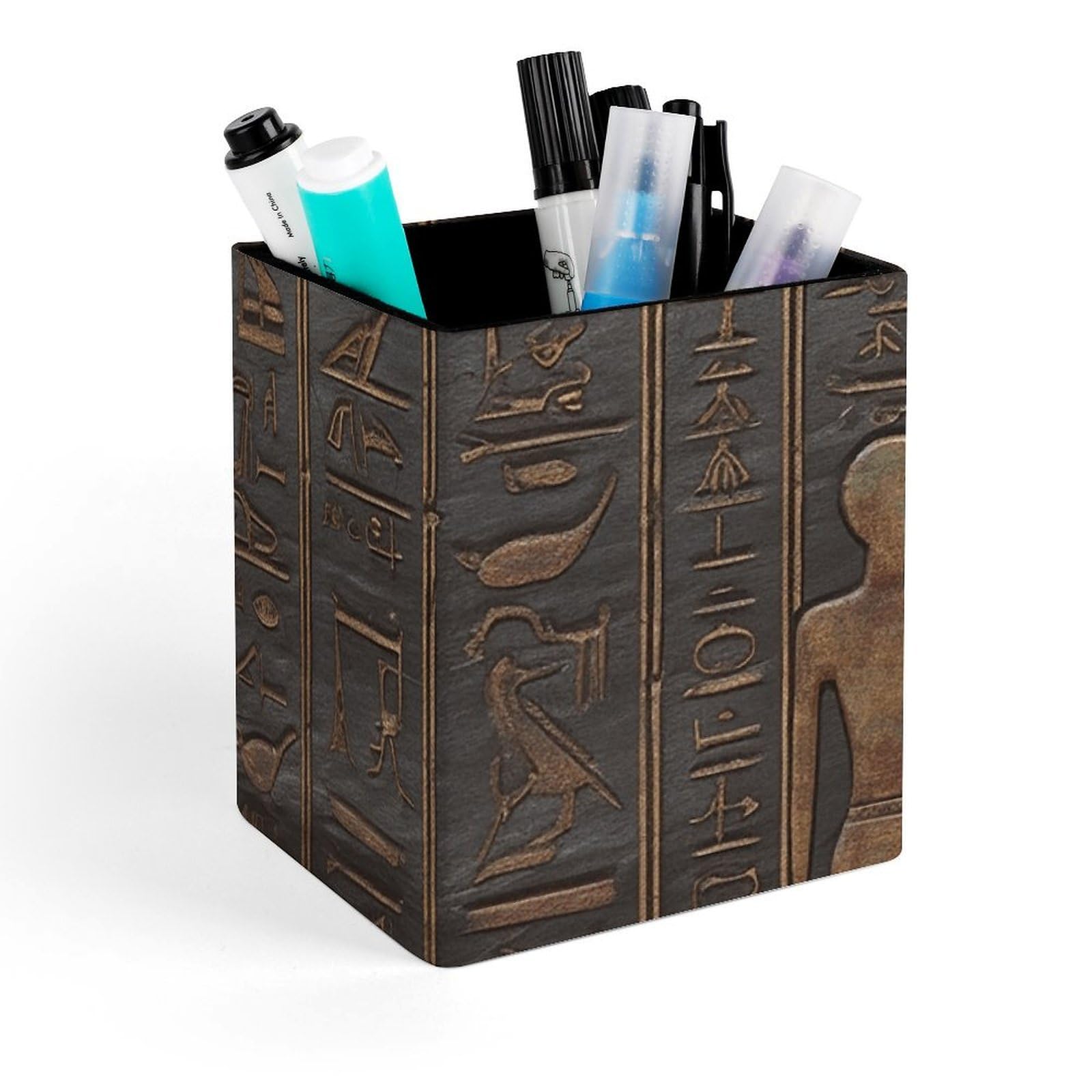 FekiLoot Ancient Egyptian Hieroglyph Pencil Holder Square Leather Pen Holder Cup Modern Multi-Functional Pencil Cup Holder Decorative Desk Organizer Caddy Makeup Brush Holders for Desk Office