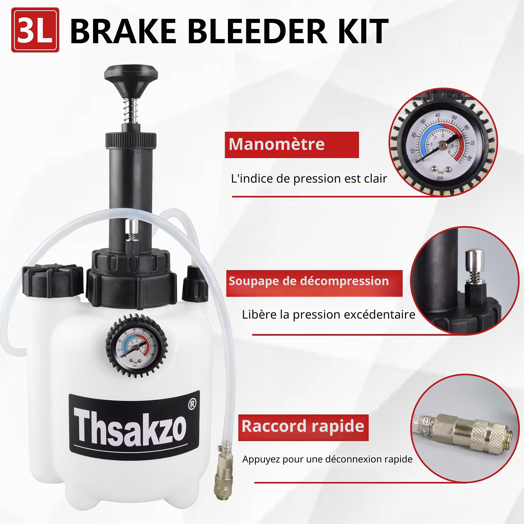 Kit de purge de frein pour voiture à air comprimé, set de purge de liquide de frein pneumatique 3L, kit de purge de liquide de frein, purgeur de liquide de frein manuel sous vide