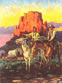 ART.COM Wall Art Print Cowboy, Indian, Covered Wagons, 24" x 32"