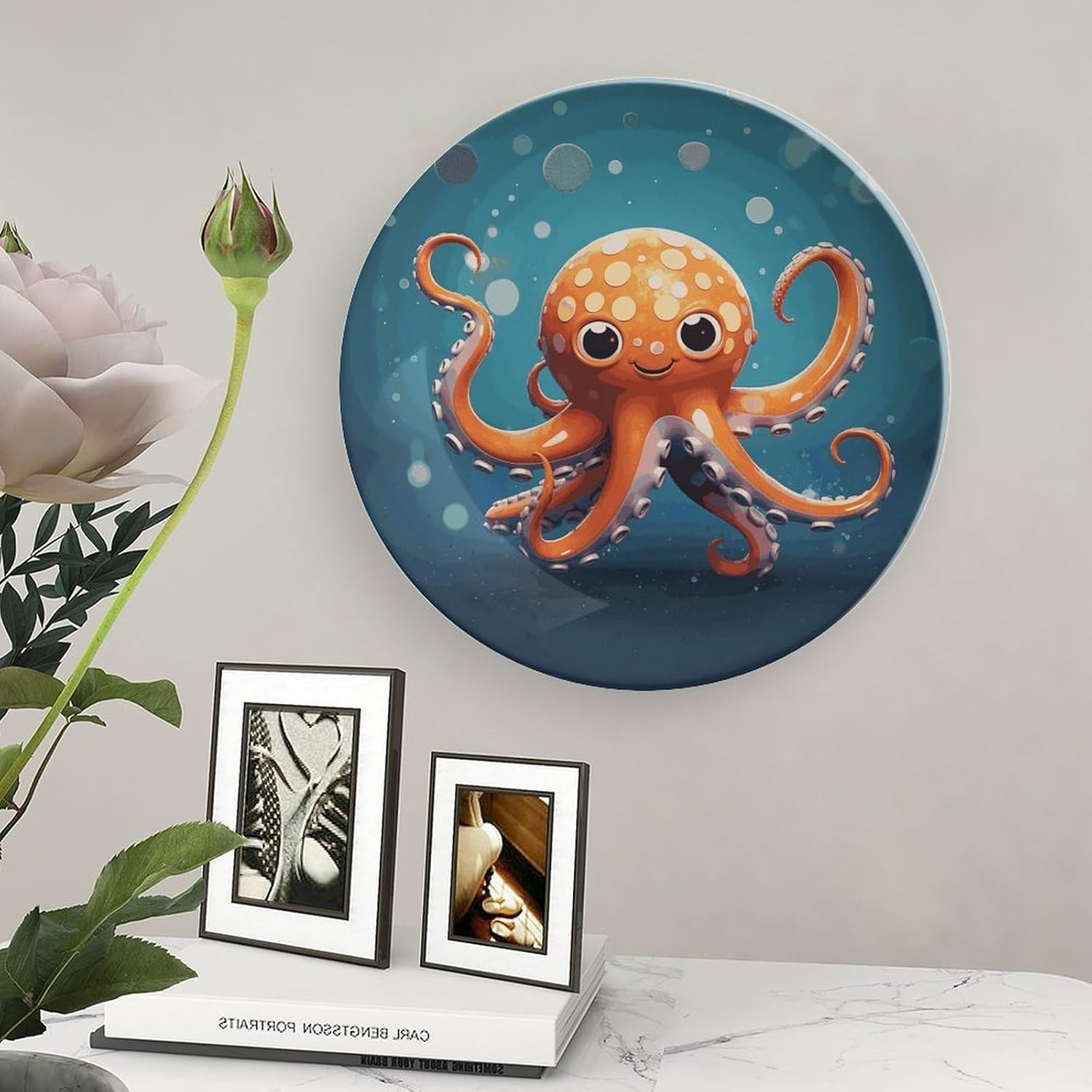 Cartoon Octopus Bone China Decorative Plate with Display Stand, Ceramic Ornaments Plate for Wall Hanging, Personalized Porcelain Plates for Office, Living Room 8inch