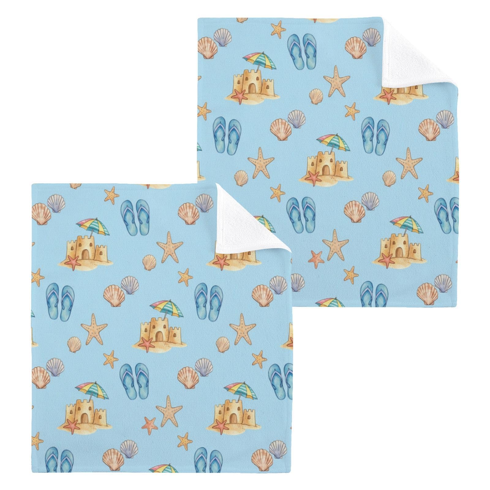 BOESI Beach Sandcastle Pattern 12x12in Cotton Washcloth,Face Towel