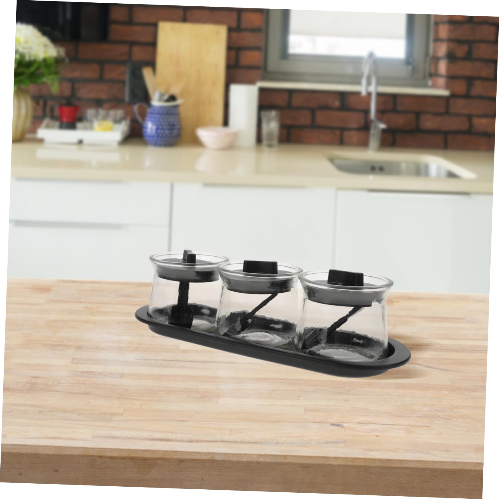 STOBAZA Barattoli per Spezie con Coperchio Set 3 Pezzi in Vetro Soda Cucchiai e Vassoio Contenitori per Condimenti Lavabili la Cucina