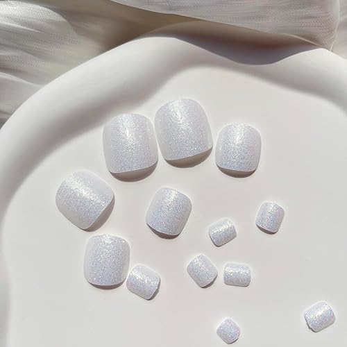 Miniatura 2 de Uñas postizas blancas a presión con forma cuadrada corta, uñas postizas de cobertura completa, uñas acrílicas brillantes con diseño de purpurina,