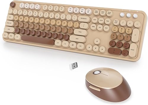 Retro Keyboard and Mouse Wireless, American QWERTY Cute Typewriter Wireless 2.4GHz Colorful Full Size Keyboard with Number Pad, for Windows PC Laptop,Colorful Coffee