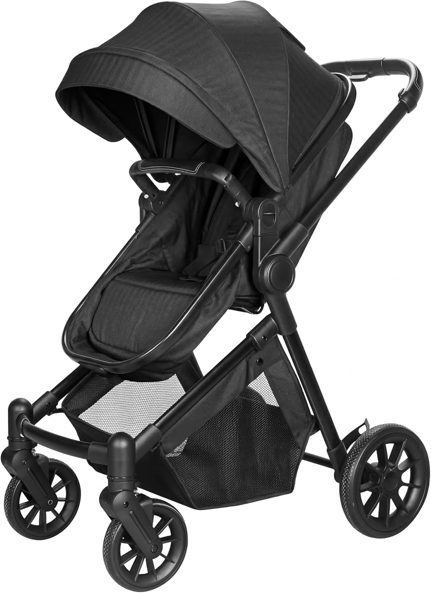 Lightweight 2-in-1 Baby Stroller with Reversible Seat, Black | 5-pt harness & brake | One-hand compact fold | Reversible seat newborn/toddler | All-terrain wheels | Large basket