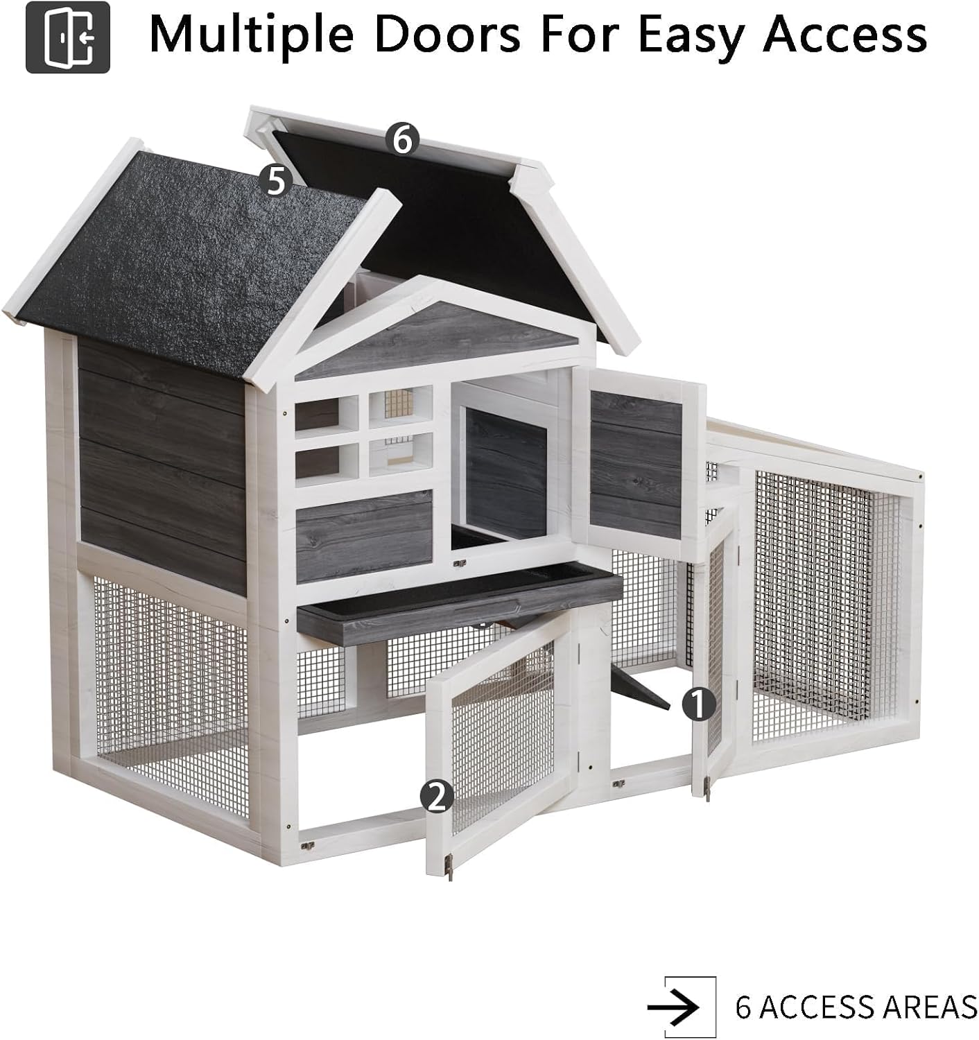 54" Rabbit Hutch, 2-Tier Wooden Bunny Cage with Non-Slip Ramp & Removable Tray, Indoor/Outdoor Bunny Cage with Weatherproof Asphalt Roof for Rabbits, Guinea Pigs, Chickens