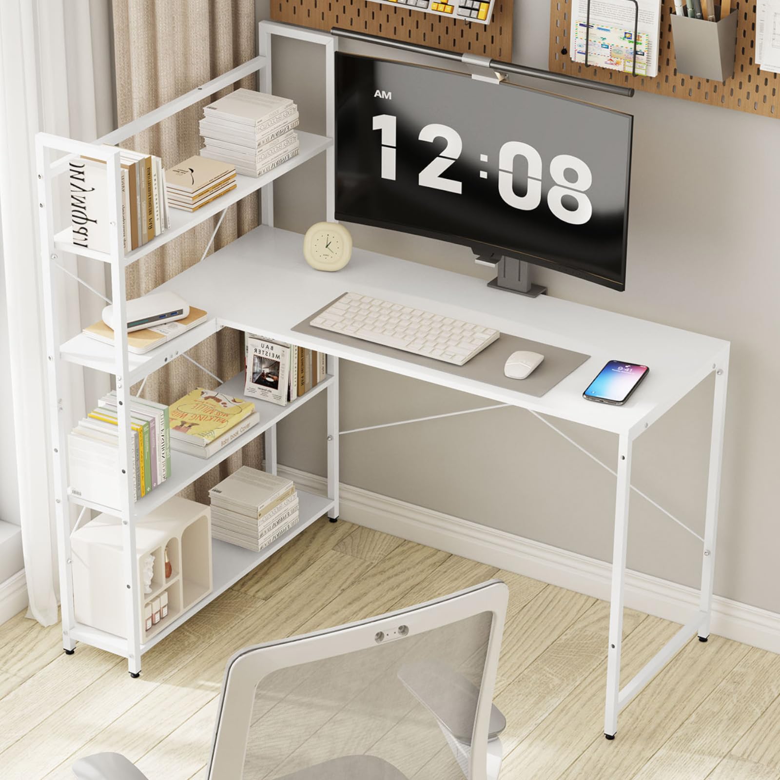 Klihome Escritorio L con Estanteria Alta, 120x50cm, Mesa Trabajo, Mesa Escritorio para Esquina, Mesa de Ordenador para Estudio u Oficina, Blanco, K0005TS