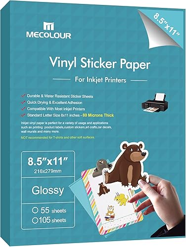MECOLOUR Papel adhesivo brillante imprimible para impresora de inyección de tinta e impresora láser 8.5 x 11 pulgadas, papel adhesivo de vinilo