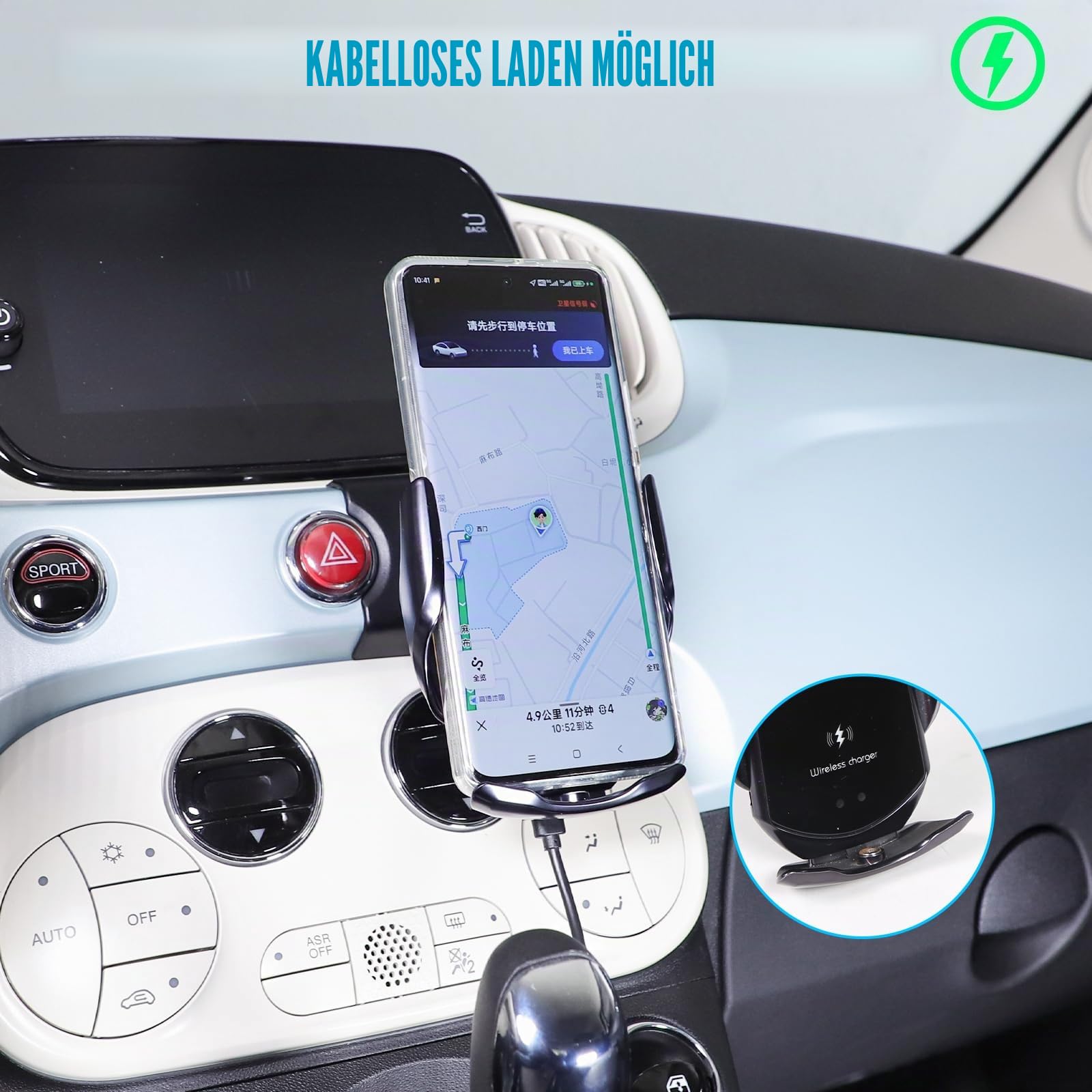 METYOUCAR Handyhalter fürs Auto für Fiat 500 2007-2016-2024 - Rotierbar - Fester Halter für iPhone Android und Universal (kabelloses Laden/D-Stil)