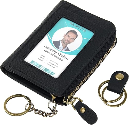 kilofly Cartera de piel auténtica con ranura para tarjetas de identificación + organizador de cables para llavero, Negro (Black New), Classic