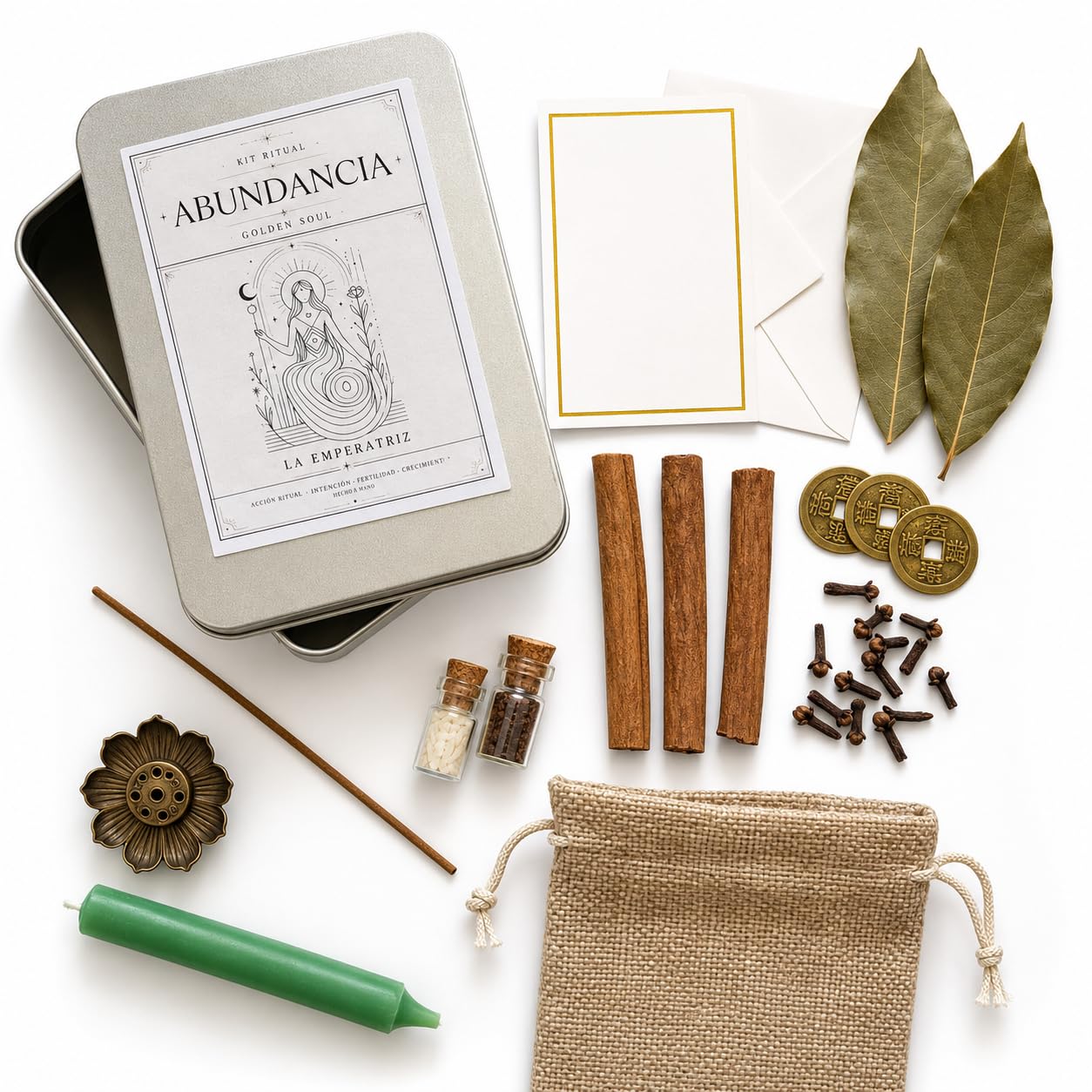 Golden Soul - Kit Ritual de Abundancia y Dinero con Vela Verde, Arroz, Café, Laurel, Canela, Clavo, Monedas Simbólicas, Incienso, Tarjetas e Instrucciones, Regalo Espiritual