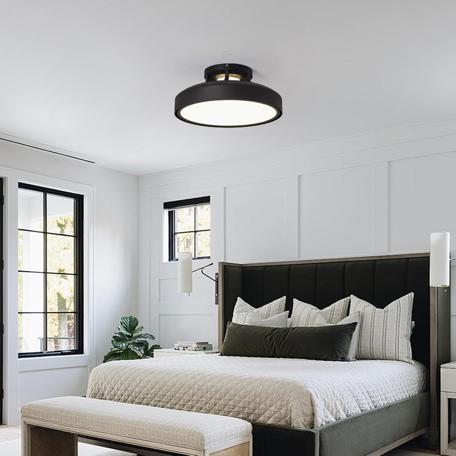 Modern Bladeless Ceiling Fans with Lights and Remote, 18.9" Black Embedded Ceiling Fan Light, Flush Mount Dimmable LED Chanelier Fan for Bedroom Farmhouse