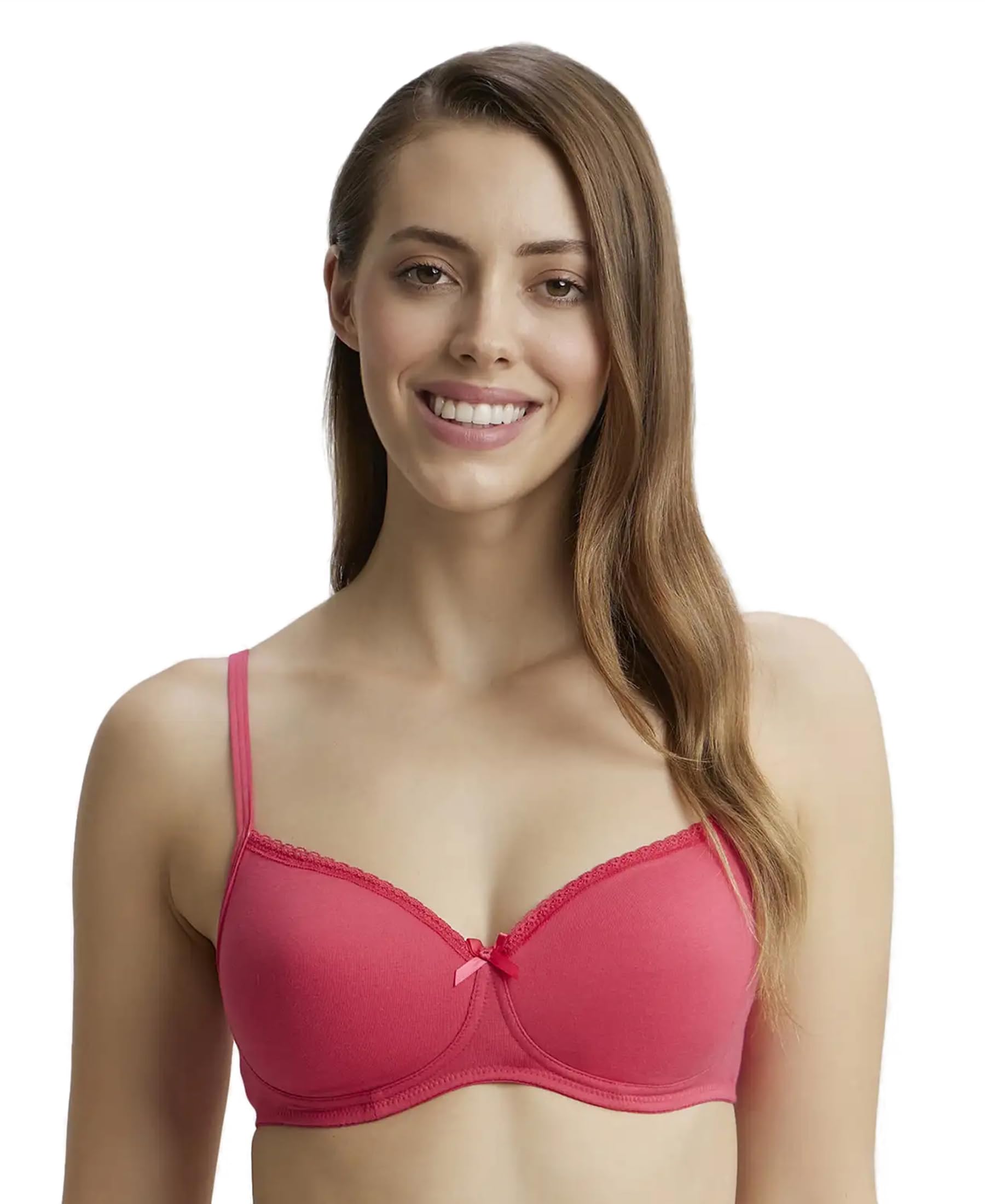 jockey 1723 Women's Wirefree Padded Super Combed Cotton Elastane Stretch Medium Coverage Lace Styling T-Shirt Bra with Adjustable Straps_Ruby_34C-picture-19