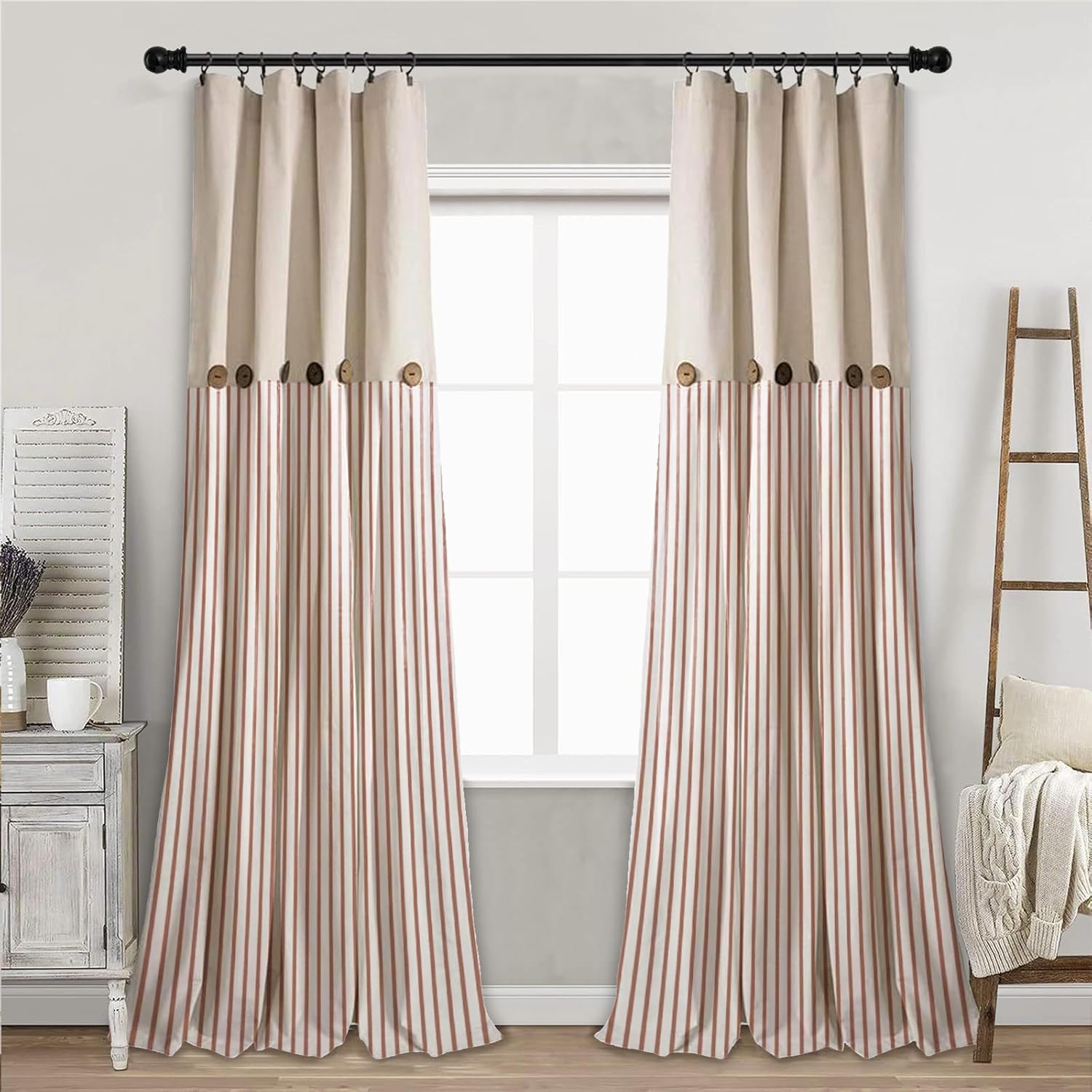 Farmhouse Curtains Vintage Linen Living Room Window Curtains 84 Inch Length Green Stripe Printing Light Filtering 2 Pack
