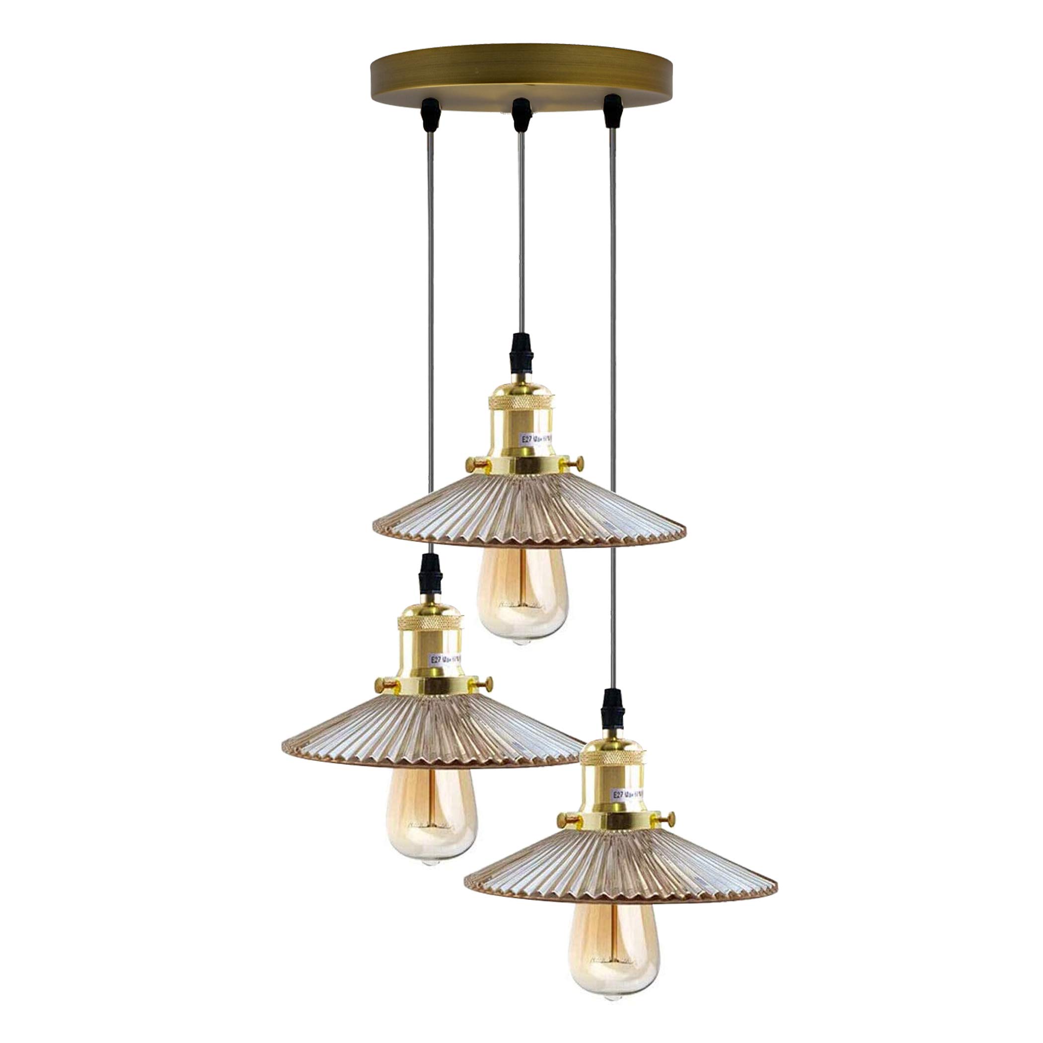 DC VOLTAGE Retro Glass Three Way Light Bar Pendant Tier Island Fixture, E27 Hanging Adjustable Cluster Ceiling Light Fitting, Amber Glass Cone Light Shade